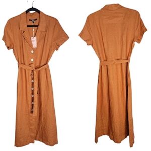 NEW Quince 100% Linen Midi Dress Sz  Small Button Front Tie Waist Prairie Boho